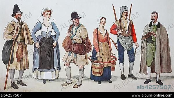 Fashion, costumes, clothing of the citizens and peasants in France at the time of the Spanish fashion around 1560-1590, illustration, France, Europe.