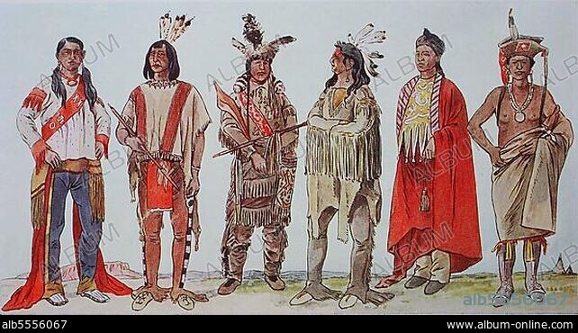 Kleidung, Mode in Nordamerika, Indianer, von links, ein Utah-Indianer, ein Shoshone-Stamm, junge Indianer in verzierten Lederanzügen, dann ein Cvih-Indianer-Krieger, dann ein Indianer aus Kansas und einer aus Nebraska, digital restaurierte Reproduktion einer Originalvorlage aus dem 19. Jahrhundert.