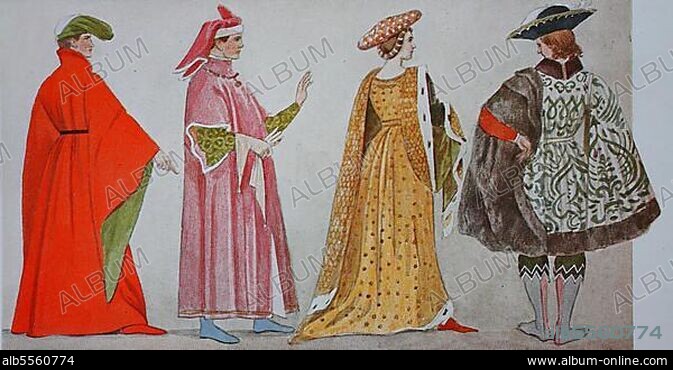 Kleidung, Mode in Italien, Frührenaissance von 1400-1450, von links, eine elegante Florentinerin um 1400, ein adeliger Herr, nach einem Gemälde von Fra Angelico um 1450, eine Dame um 1420 und ein adeliger junger Mann um 1420, digital restaurierte Reproduktion einer Originalvorlage aus dem 19. Jahrhundert.