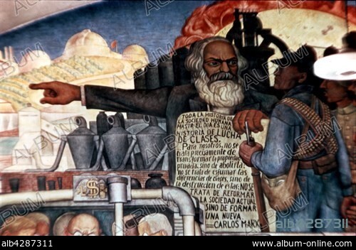 Diego Rivera. Mexican school. The History of Mexico: Karl Marx talking to Latin American people. Epopeya del pueblo mexicano. 1929-1935. Mural in three panels. Mexico city, National Palace. Diego Rivera (1886-1957).. These photographic works are protected by legislation concerning literary and artistic property in all countries. Royalties are handled by ADAGP. To publish or diffuse these photographs, you must imperatively obtain the authorization of ADAGP or its correspondents abroad and to pay corresponding royalties. If you download this image in high definition, your postal address, telephone number and e-mail address will automatically be forwarded to ADAGP.. ADAGP - 11,rue Berryer - Paris. Tel. : (33) 1 43 59 09 79. Fax : (33) 1 45 63 44 89. E-mail : adagp@adagp.fr. Web : http://www.adagp.fr.