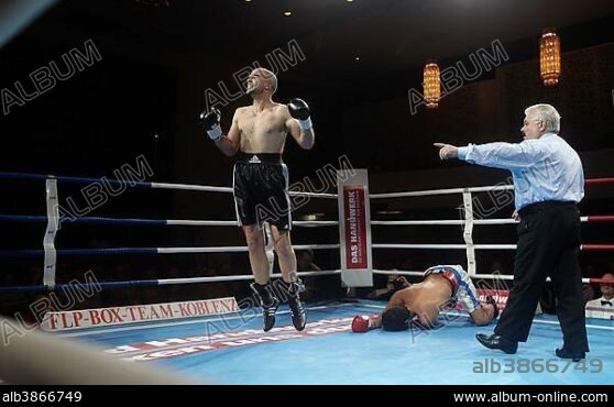 Professional boxing match, Michael Stromberg celebrating after a knock-out win over Mavran Schade, Rhein-Mosel-Halle, Koblenz, Rhineland-Palatinate, Germany, Europe.