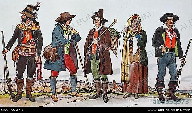 Mode, Kleidung in Italien, Süditalien, von 1800-1830, von links, kalabrischer Räuber, Mann aus Lecce in Apulien, Landsmann aus der Gegend von Neapel, Mann und Frau aus der Provinz Cosenza in Kalabrien, digital verbesserte Reproduktion einer Illustration aus dem 19. Jahrhundert.