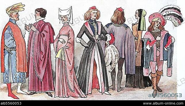 Kleidung, Mode, England im Mittelalter, Englische Kostüme des 15. Jahrhunderts, digital verbesserte Reproduktion einer Illustration aus dem 19. Jahrhundert.