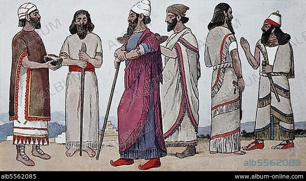 Clothing fashion in Assyria, 12th-7th c. B. C. Sacrificial robes, from left, man from northwest Mesopotamia bringing tribute, a citizen of Nineveh, prince of Murzi, today Kurdistan, then a man bringing tribute to King Jehu of Palestine, then King Assunassirpal in sacrificial robe and King Salmanassar III, 860-825 B. also in sacrificial robe, digitally enhanced reproduction of a 19th century illustration