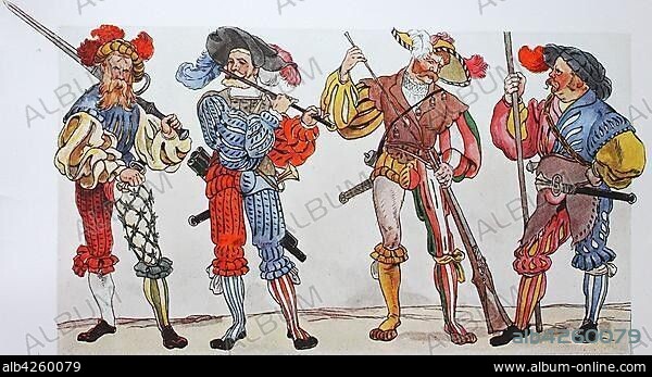 Clothing, fashion of the Landsknechts in Germany around 1500-1540, the slot uniform of the Landsknechts, illustration, Germany, Europe.