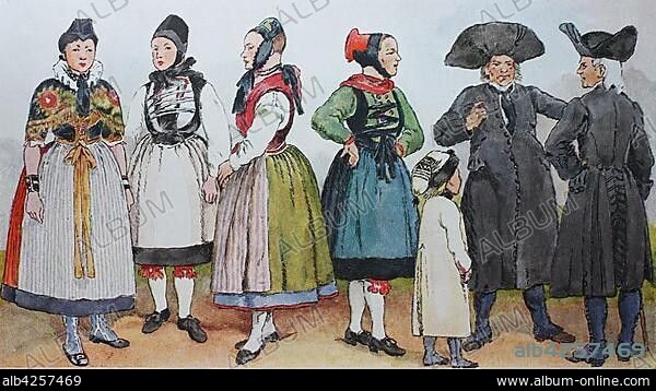 People in traditional costumes, fashion, clothes in Germany, costumes from Hesse, about 19th century, illustration, Germany, Europe.