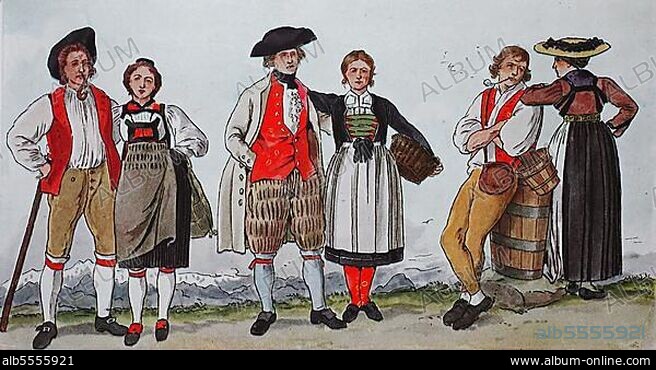 Mode, Kostüme, Kleidung in der Schweiz, um 1804, von links, junges Paar aus dem Kanton Bern, Paar aus dem Kanton Aargau und Paar aus dem Kanton Friborg, digital verbesserte Reproduktion einer Illustration aus dem 19. Jahrhundert.