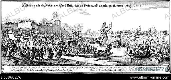 Historic drawing, the arrival of Henrietta Catherine of Braganza, Infanta of Portugal, 1638-1705, wife of Charles II, the English King, in Portsmouth on May 25th 1662.