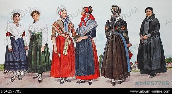 People in traditional costumes, fashion, clothes in Germany, costumes from Westphalia about 19th century, illustration, Germany, Europe.