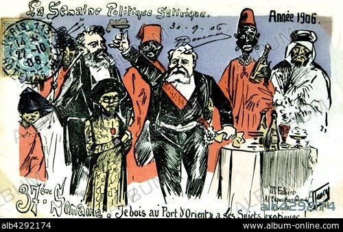 Satirical postcard on the Marseillles colonial Exhibition. Fallières is to be seen.. 1906. Private collection.