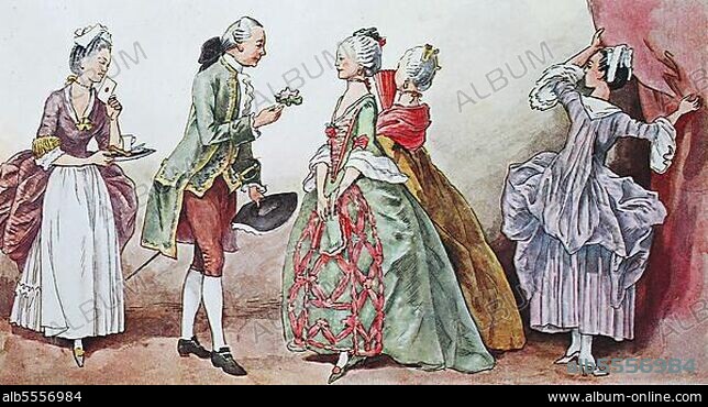 Mode, Kleidung, Trachten in Frankreich zur Zeit des Rokoko um 1760, 1770, von links, ein Dienstmädchen mit Schokoladentablett, Kavalier mit Schwert und Dreispitz und zwei Damen im Reifrock und ein Dienstmädchen, digitale verbesserte Reproduktion nach einem Original aus dem Jahr 1900.