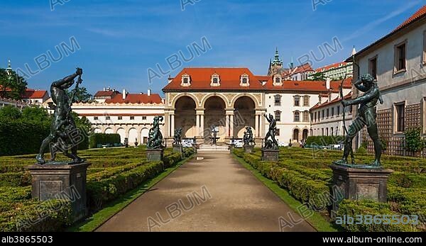 Palais Waldstein or Wallenstein Palace with Wallenstein Garden with bronze statues, Malá Strana, Prague, Czech Republic, Europe.