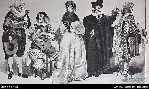 Mode, Kleidung in den Niederlanden um 1650-1680, niederländische Bürgertracht, von links ein Ratsherr, ein Mitglied der Schützengilde, ein vornehmes Bürgermädchen, ein Arzt in der Doktorchirurgie und ein Trompeter der Reiterschar, digital restaurierte Reproduktion einer Originalvorlage aus dem 19. Jahrhundert, genaues Originaldatum nicht bekannt.