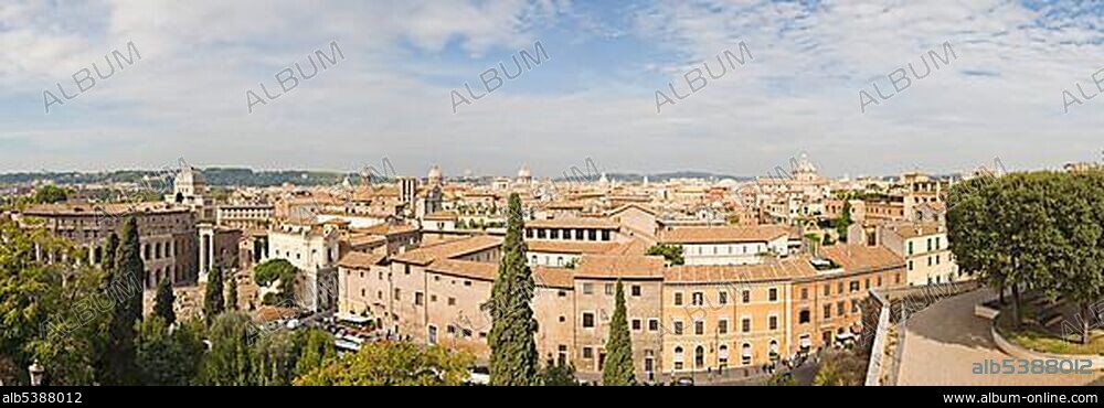 Theatre of Marcellus and historic city centre seen from Palazzo Caffarelli, Rome, Italy, Europe.