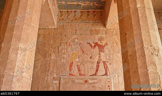 Wall painting in Deir el-Bahari, Funerary Temple of Pharaoh Hatshepsut, temple complex, Luxor, Egypt, Africa.