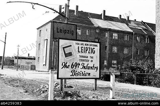 City Entrance Sign, Riesaer Straße, 69th Infantry Division of the US Army, 69th Infantry Division of the US-Army, 1945, Leipzig, Saxony, GDR, Germany, Europe.