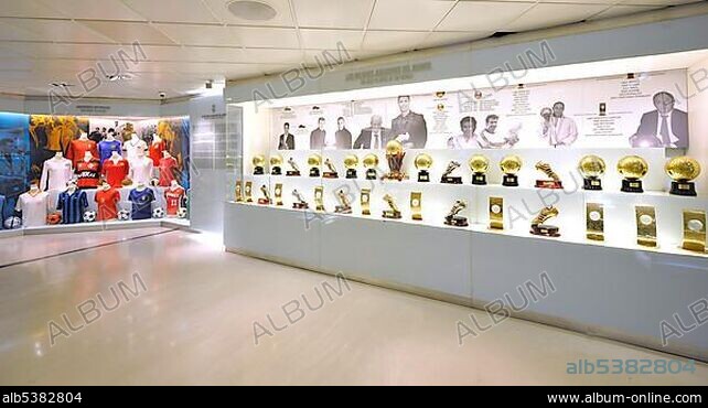 Display cabinet, trophies, exhibition, museum, Estadio Santiago Bernabeu stadium, football venue of Real Madrid, Chamartin district, Madrid, Spain, Europe.