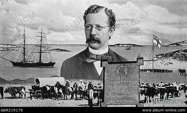 The Bremen merchant Adolf Lüderitz hoisted the German flag in the bay of Angra Pequena and thus acquired Deutscg-Southwest Africa, today Namibia, Historic, digitally restored reproduction of an original from the early 20th century, exact original date unknown.