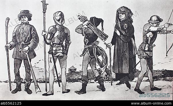 Mode, Kleidung in Deutschland im Spätmittelalter, 1475-1500, von links, plattdeutscher Bauer mit Spaten und Hirtenstab, ein Söldner mit leichtem Bart, Rüstung und Helm, ein Henkersknecht, Jude mit gelbem Ring als Judenabzeichen und ein Bogenschütze, digital restaurierte Reproduktion einer Originalvorlage aus dem 19. Jahrhundert, genaues Originaldatum nicht bekannt.