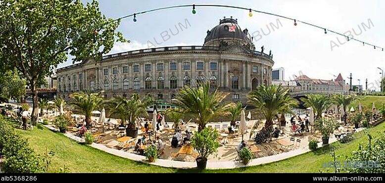 Bode Museum on Museumsinsel, museum island, beach bar on Spree River, Berlin, Germany, Europe.