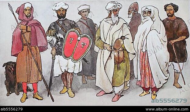 Kleidung, Mode in Spanien und Portugal um 1500-1540, spanische Mauren, von links, ein Jäger mit Jadgspeer, ein Krieger mit gestreiftem Hemd, ein Mann mit Turban, ein Mann aus der Stadt von besserem Stand, ein Mann mit Mütze, eine Frau von besserem Stand und ein Bürger, digital restaurierte Reproduktion einer Originalvorlage aus dem 19. Jahrhundert.