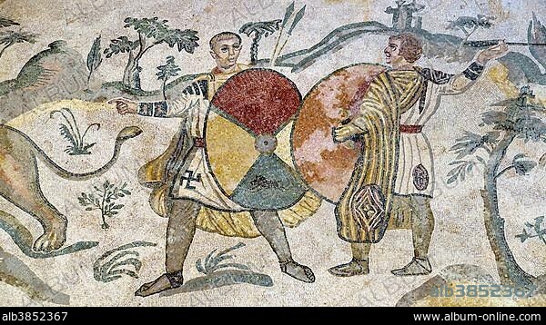 Ancient floor mosaic, Villa Casale, Villa Romana del Casale, Piazza Armerina, Sicily, Italy, Europe.