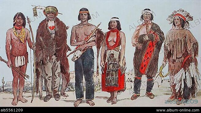 Kleidung, Mode in Nordamerika, Indianer, von links, Indianer vom Stamm der Yuma in Colorado, Häuptling eines Apachenstammes in Arizona, Ehemann und Ehefrau nordamerikanischer Indianer, dann ein Pueblo-Indianer aus Arizona und ein Häuptling der Lipaner in einem Tanzkostüm, digital restaurierte Reproduktion einer Originalvorlage aus dem 19. Jahrhundert.