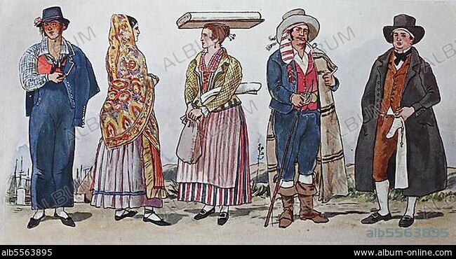 Mode, Kleidung in Italien, Norditalien um 1800, von links, Schiffer oder Bootsleute in Festtagstracht, Genua, Frau in Tracht unter dem Volk, Handweberin aus dem Bisagno-Tal bei Genua, Maultiertreiber aus dem Bisagno-Tal und Händlerin mit selbstgenähten Baumwollstrümpfen aus Genua, digital verbesserte Reproduktion einer Illustration aus dem 19. Jahrhundert.