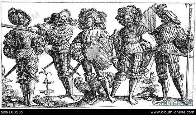 Landsknechte, Fußsoldaten mit Schwert, Pfeife, Trommel und Fahnenträger, etching by Daniel Hopfer, c. 1530, Germany, digitally restored reproduction of a 19th century original, exact original date not known, Europe.