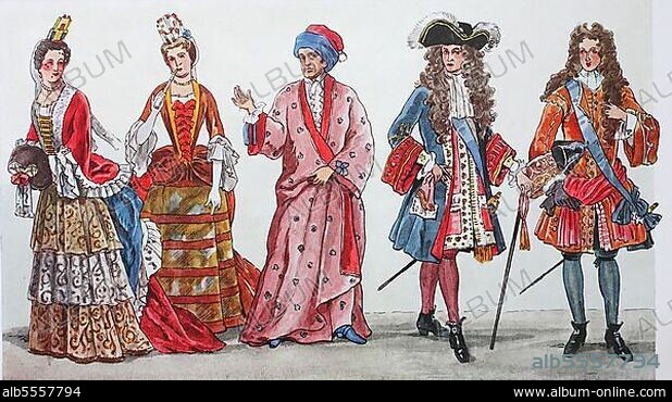 Mode, Kleidung in Frankreich zur Zeit Ludwigs XIV. von links, Damen in der Tracht um 1680, 1700, ein Mann im Morgenmantel und turbanartigem Schlafrock, dann Ludwig XIV. um 1700 und Herzog Philipp von Orleans um 1690-177, digitale verbesserte Reproduktion nach einem Original aus dem Jahr 1900.
