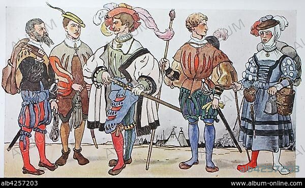 Clothing, fashion of the Landsknechts in Germany around 1520-1560, the harem trousers Tracht, illustration, Germany, Europe.