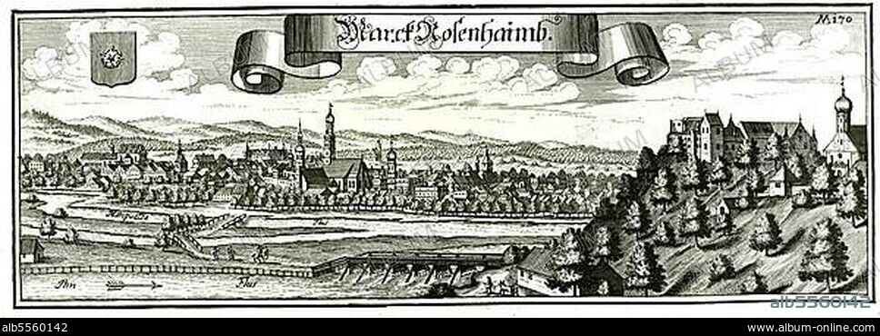 Mark Rosenheim, Kupferstich von Michael Wening, um 1700, Oberbayern, Bayern, Deutschland.