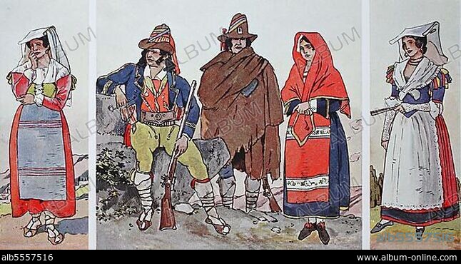 Mode, Kleidung in Italien, Kirchenstaat um 1830, von links, Frau aus den Sabiner Bergen, Räuberhauptmann, Räuber aus Sonnino, Volsker Berge, eine Frau aus den Volsker Bergen und eine Frau aus Frascati, Albaner Berge, digital verbesserte Reproduktion einer Illustration aus dem 19. Jahrhundert.