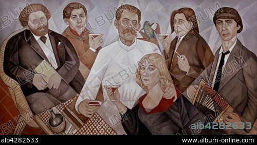 Marie Bronislava Vorobieff-Stebelska aka Marie Vorobieff. Russian school. Tribute to the Montparnasse friends: Aleksandrovich Volochin, Chaim Sutin, Maxim Gorki, Marea Marevna, Ilya Ehrenburg and Ossip Zadkin. 1962. Oil on canvas. Geneva, musée du Petit Palais. Marie Bronislava Vorobieff-Stebelska (1892-1984).. These photographic works are protected by legislation concerning literary and artistic property in all countries. Royalties are handled by ADAGP. To publish or diffuse these photographs, you must imperatively obtain the authorization of ADAGP or its correspondents abroad and to pay corresponding royalties. If you download this image in high definition, your postal address, telephone number and e-mail address will automatically be forwarded to ADAGP.. ADAGP - 11,rue Berryer - Paris. Tel. : (33) 1 43 59 09 79. Fax : (33) 1 45 63 44 89. E-mail : adagp@adagp.fr. Web : http://www.adagp.fr.