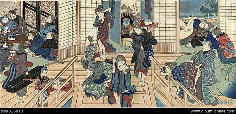 Scenes in a brothel around 1840 in Japan; Historical; digitally restored reproduction from a 19th century original.