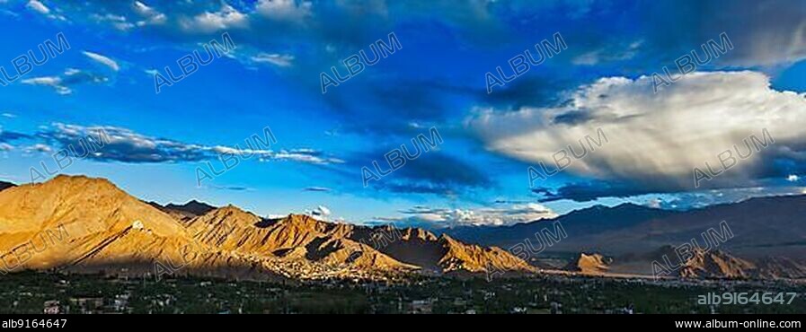 Sunset panorama of Leh city. Ladakh, Jammu and Kashmir, India, Asia.