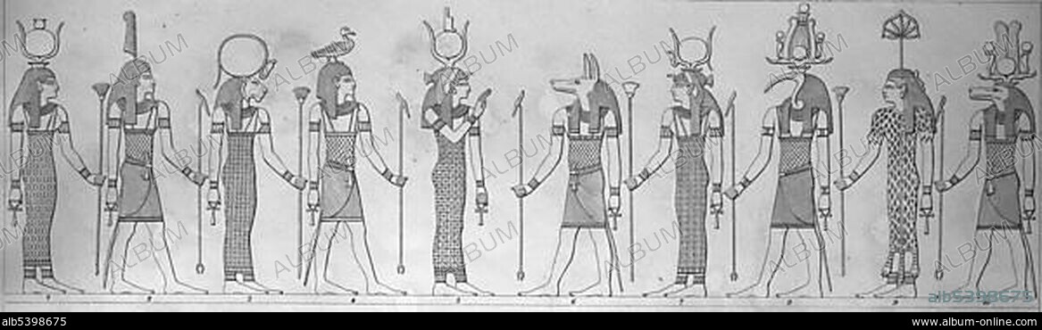 Scenes of antiquity, the Egyptian gods, Nud, Mu, Tefenut, Seb, Isis, Anubis, Hathor, Toth, Saf, Seback, from left, historic steel engraving, 1875