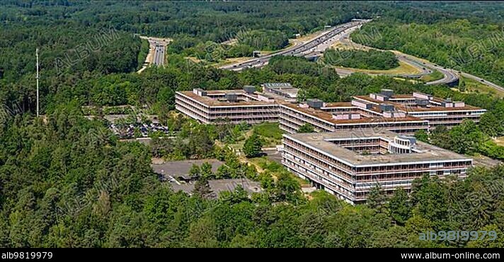 Eiermann Campus; also IBM-Areal; IBM Campus; from 1972 to 2009 headquarters of the company IBM Deutschland GmbH. Most of the buildings have been declared cultural monuments as examples of post-war modernism; architecture; drone photo; Stuttgart; Baden-Württemberg; Germany; Europe.