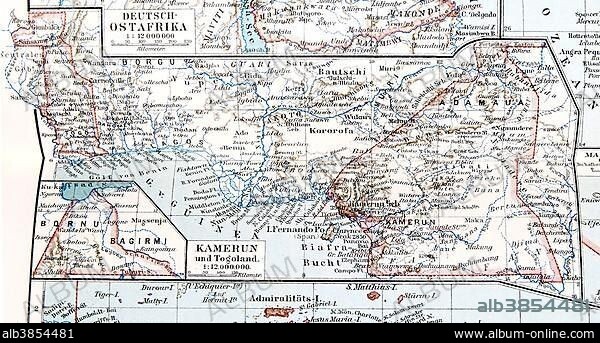 Map of the former German colony of Cameroon and Togoland, Meyers Konversations-Lexikon encyclopedia 1897.