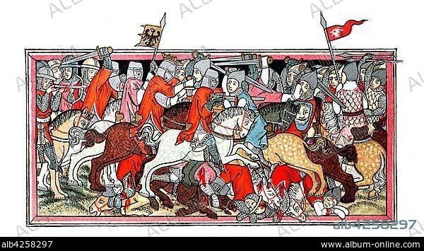 Battle scene from the time of the Battle of MUehldorf, medieval miniature painting from 1334, Germany, Europe.
