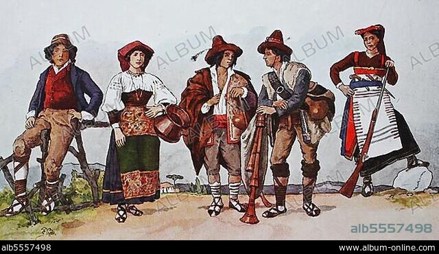 Mode, Kleidung im heutigen Italien, 18. und 19. Jahrhundert, von links, Mann und Frau in der Tracht der Campagna bei Rom, dann ein Hirte aus der Campagna, ein Pifferaro, Hirte, aus Kalabrien und eine Frau aus den Abruzzen, digital verbesserte Reproduktion einer Illustration aus dem 19. Jahrhundert.