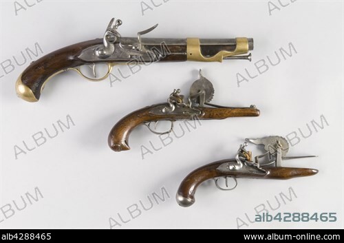 - Flintlock horse pistol, model 1763-1766. - Flintlock pistol, with a big graduated wheel. Circa 1780-1800. - Flintlock pistol with a graduated wheel, signed 'A. Bernier'. Circa 1780. Private collection. - Flintlock horse pistol, model 1763-1766 :. Round canon, brass trimmings, polished walnut wood butt. - Flintlock pistol, with a big graduated wheel :. Cut iron trimmings, walnut wood butt, sculpted with an eaglet head. - Flintlock pistol with a graduated wheel, signed 'A. Bernier' :. Copper nipple, cut iron trimmings, butt in polished walnut wood.