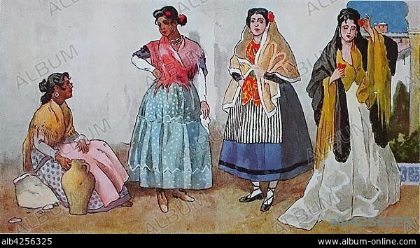 People in traditional costumes, fashion, clothing of the Gypsies in Spain, mid-19th century, illustration, Spain, Europe.