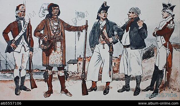 Mode, Kleidung in Nordamerika, Ende des 18. 19. Jahrhunderts, von links, ein Infanterist, der Häuptling des Indianerstammes der Seminolen, ein Marinesoldat in Festtagskleidung, ein Matrose und ein Infanterieoffizier, digital restaurierte Reproduktion einer Originalvorlage aus dem 19. Jahrhundert.