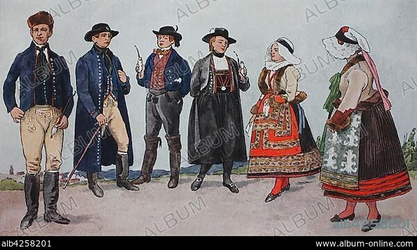 People in traditional costumes, fashion, costumes, clothes in Bohemia, Czech Republic, around the 19th century, illustration, Czech Republic, Europe.