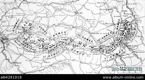 First World War.. Map of the First Battle of the Marne: location of the armies at the end of the 6th September 1914.