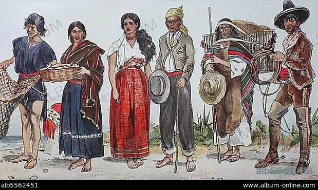 Kleidung, Mode in Mittelamerika, Anfang des 19. Jahrhunderts, von links, ein indianischer Fischer, eine indianische Frau und eine gemischtrassige Frau aus Guatemala, ein Indianer aus Hoduras, ein indianischer Hühnerverkäufer und ein Vaquero, ein berittener Hirte, digital restaurierte Reproduktion einer Originalvorlage aus dem 19. Jahrhundert.