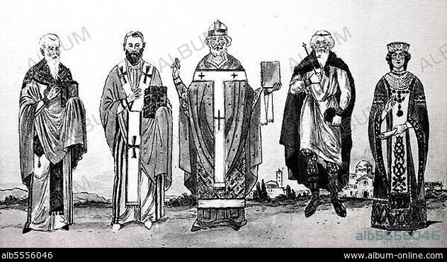 Kleidung, Mode, Mittelalter und Byzanz, Europa, 9. 11. Jahrhundert, Minister von links, griechischer Patriarch im 9. Jahrhundert, Bischof der griechischen Konfession in römischer Tracht, das Pallium, Darstellung eines Hohepriesters mit Pallium, Mosaik in der Kirche San Marco in Venedig, dann ein byzantinischer Mönch und die griechisch-byzantinische Kaiserin um 1096, zur Zeit des Ersten Kreuzzuges, digital verbesserte Reproduktion einer Illustration aus dem 19. Jahrhundert.