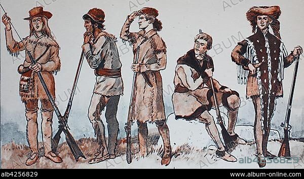 Fashion, clothing in North America, end of the 18th, 19th century, Trapper in their leather and fur suits, illustration, America.