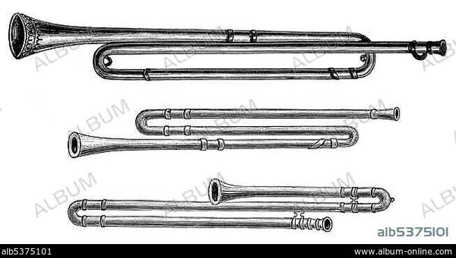 Historic drawing from the 19th century, a field trumpet, a Tuermer-horn and a trombone, 16th century.